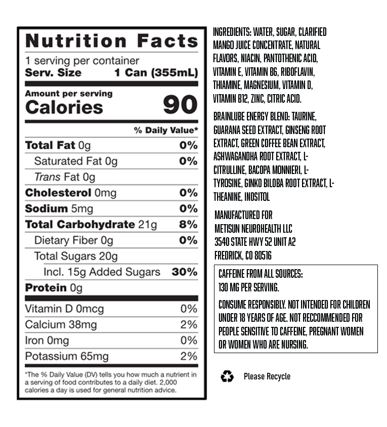BRAiNLUBE Nootropics Energy Drink nutrition and ingredients label