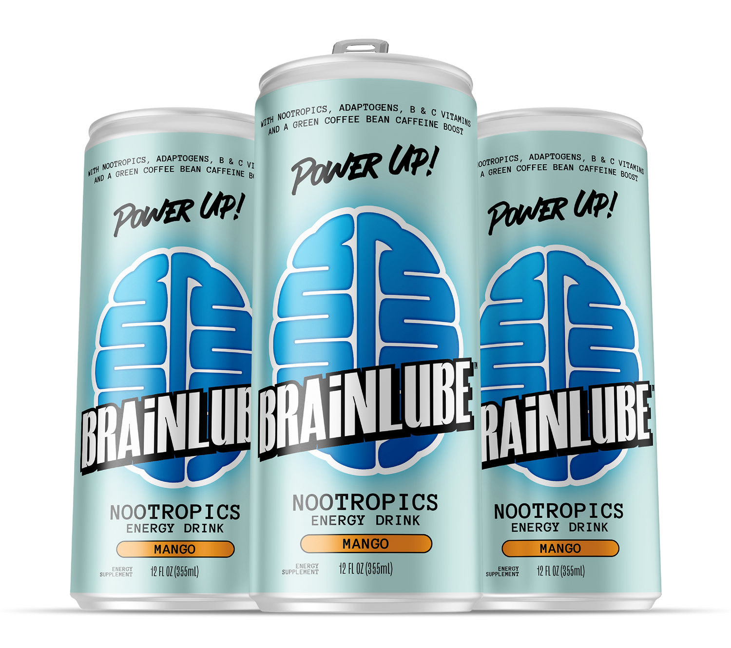 3-12oz cans of Brainlube Nootropics Energy Drink, Mango flavor (light blue can with company logo), grouped together