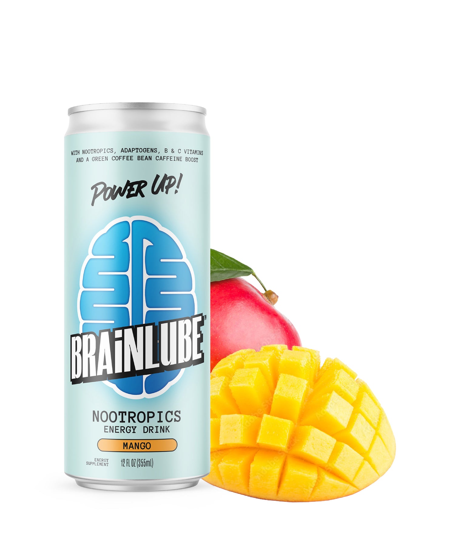 12oz can of Brainlube Nootropics Energy Drink, Mango flavor (light blue can with company logo), on a white background next to a picture of two mangos, one whole and one diced.