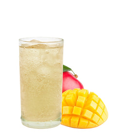Glass of Brainlube Nootropics Energy Drink, Mango over ice, on a white background next to a picture of two mangos, one whole and one diced.